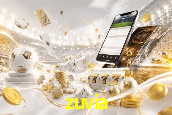 Una escena digital vívida inspirada en casino con zuvia mostrado prominentemente, luces brillantes, fichas, cartas y acentos dorados.