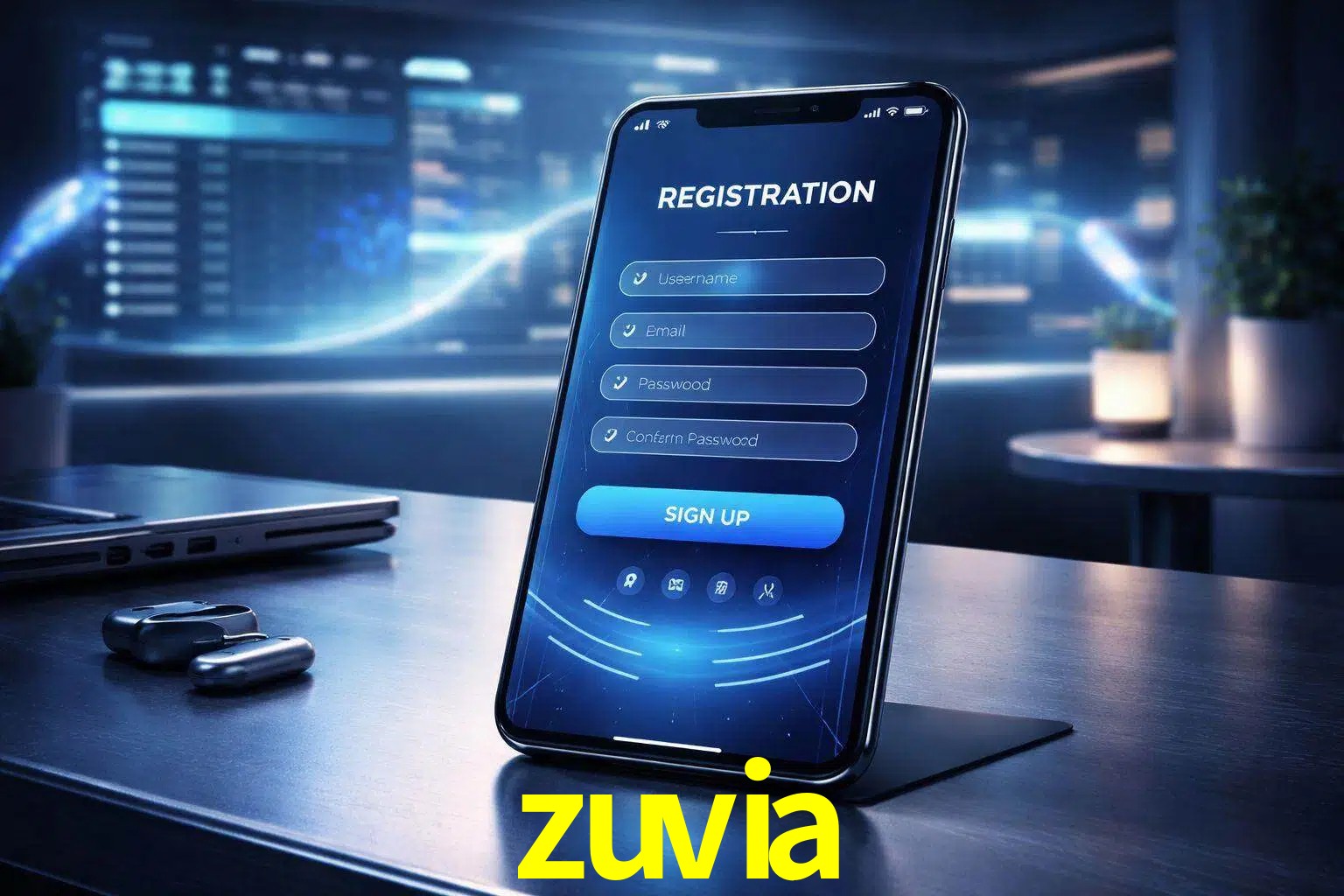Una interfaz moderna de registro móvil para zuvia mostrada en un smartphone con un panel de apuestas elegante.